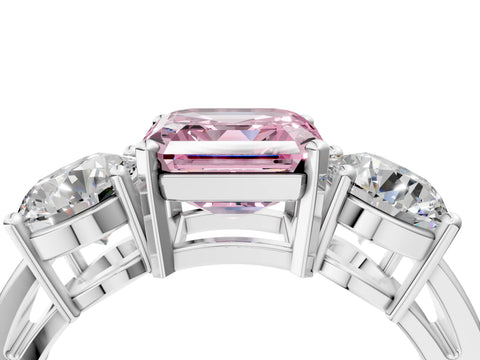 White gold Three-Stone Fancy Pink Asscher Cut Diamond Ring with Round Side Stones, Classic Band, and Four-Prong Setting_16