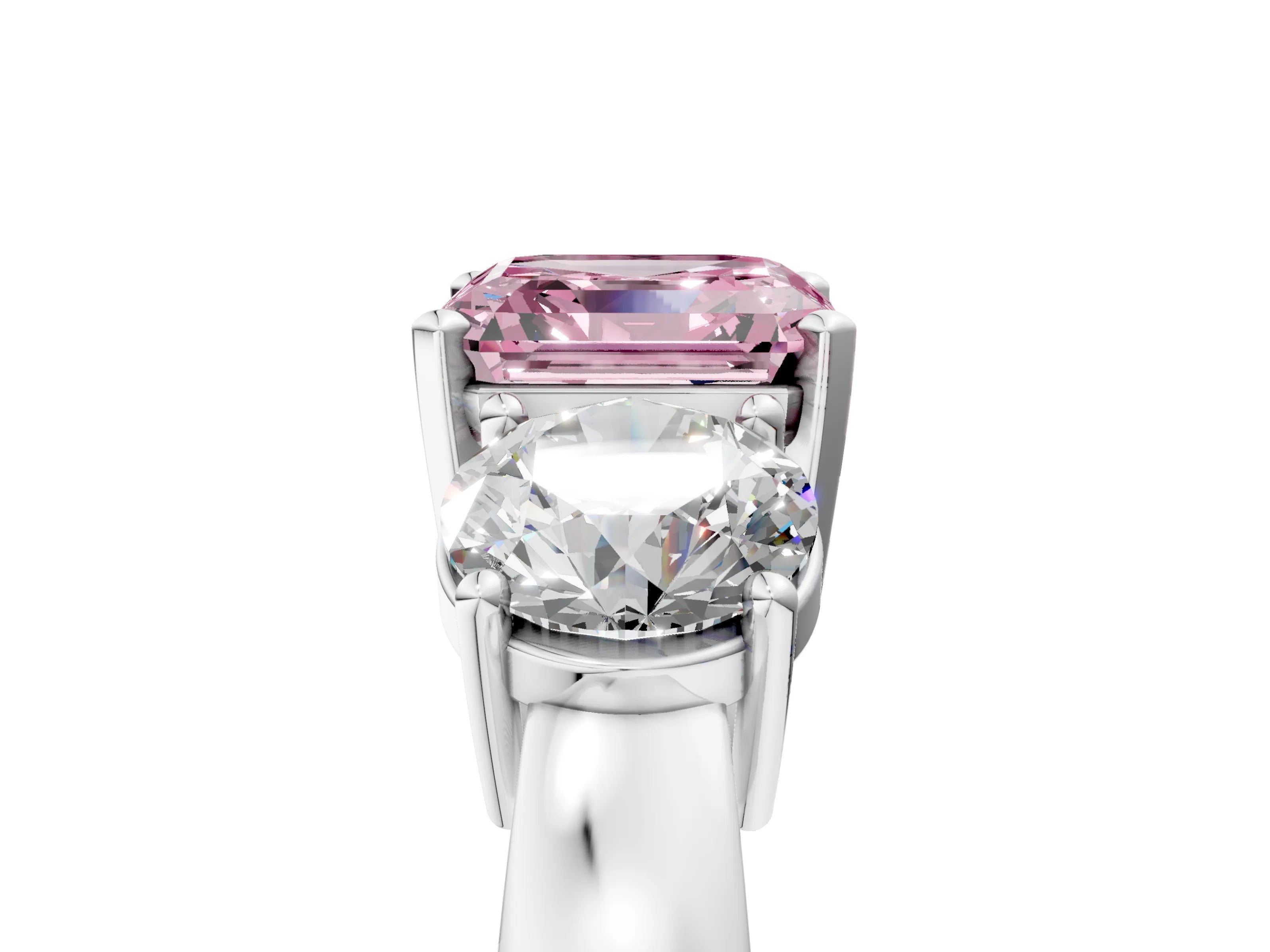 White gold Three-Stone Fancy Pink Asscher Cut Diamond Ring with Round Side Stones, Classic Band, and Four-Prong Setting_17