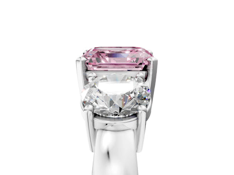 White gold Three-Stone Fancy Pink Asscher Cut Diamond Ring with Round Side Stones, Classic Band, and Four-Prong Setting_17