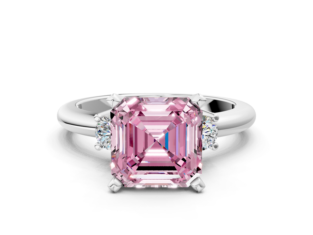 White gold Three-Stone Fancy Pink Asscher  Cut Diamond Solitaire with Prong Setting and Classic Band