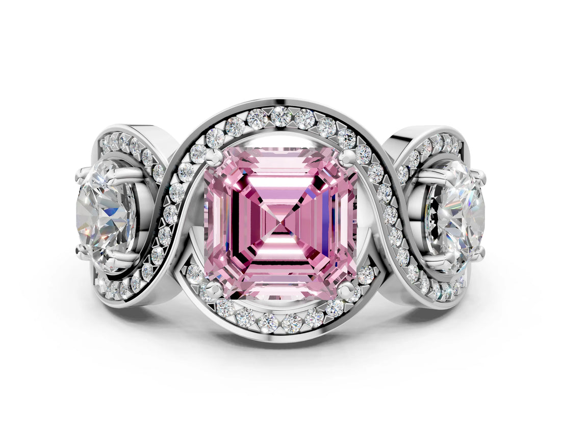 White gold Three-Stone Fancy Pink Asscher Cut Diamond Wave Pave Band with Prong Setting