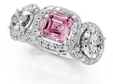 White gold Three-Stone Fancy Pink Asscher Cut Halo Diamond Milgrain Band with Four-Prong Setting_1