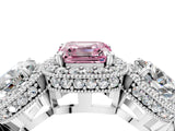 White gold Three-Stone Fancy Pink Asscher Cut Halo Diamond Milgrain Band with Four-Prong Setting_4