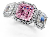 White gold Three-Stone Fancy Pink Asscher Cut Halo Diamond Ring with Pave Band and Four-Prong Setting_1