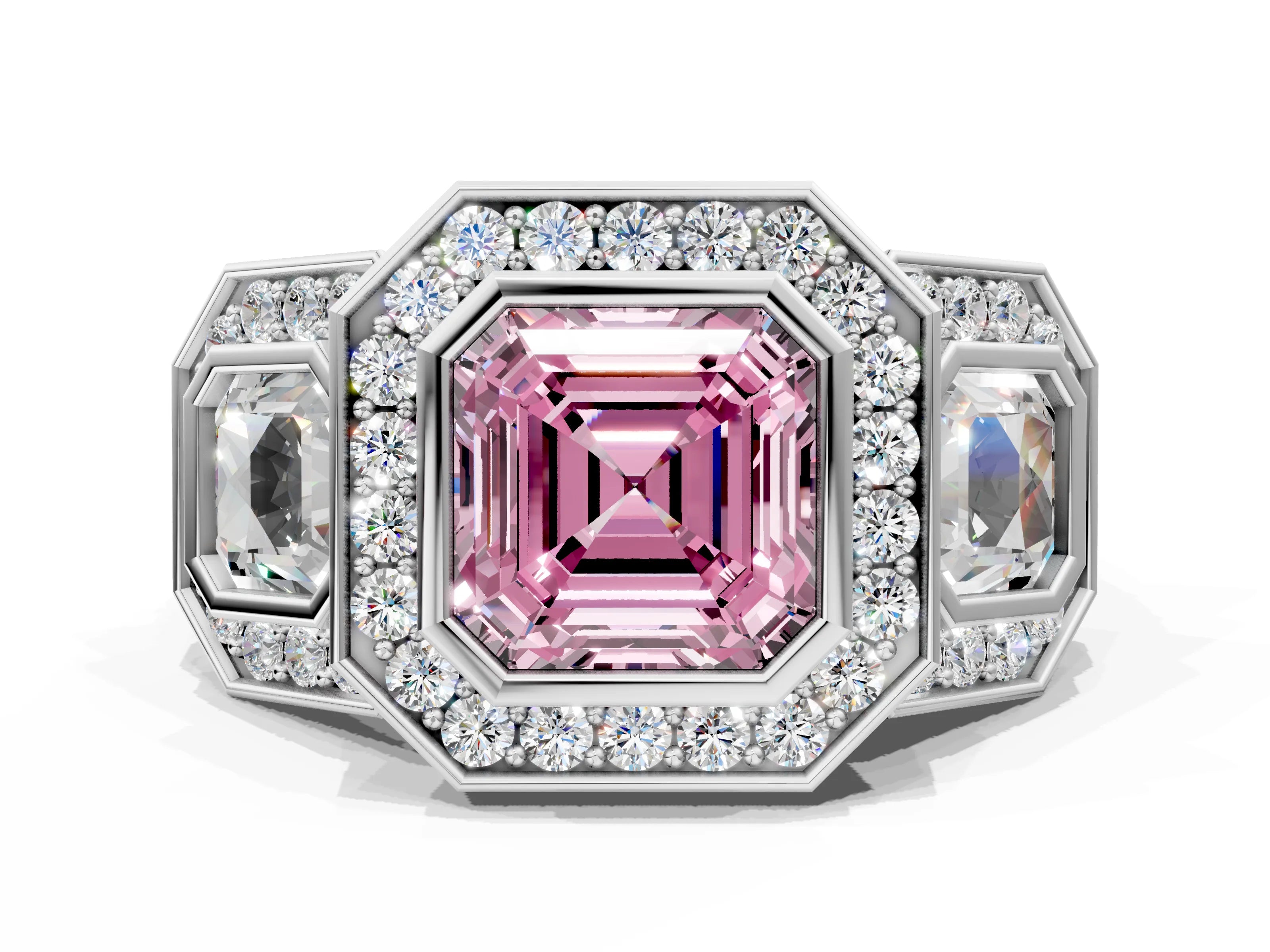 White gold Three-Stone Fancy Pink Asscher Cut Halo Pavé Diamond Ring