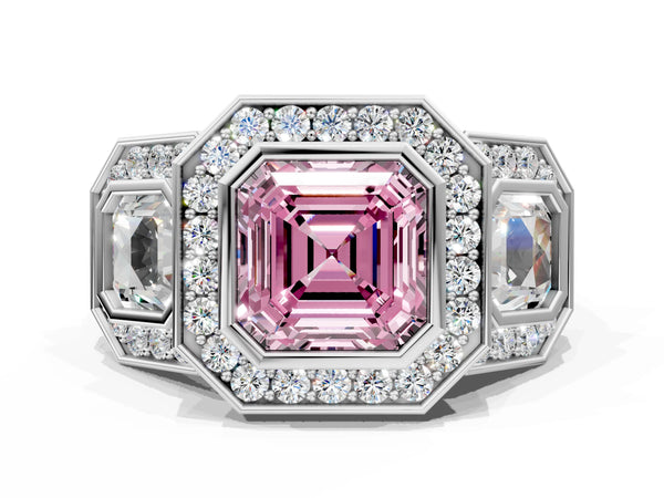 Platinum Asscher Cut Bezel Three Stone Halo Engagement Ring Setting for Fancy Pink Center