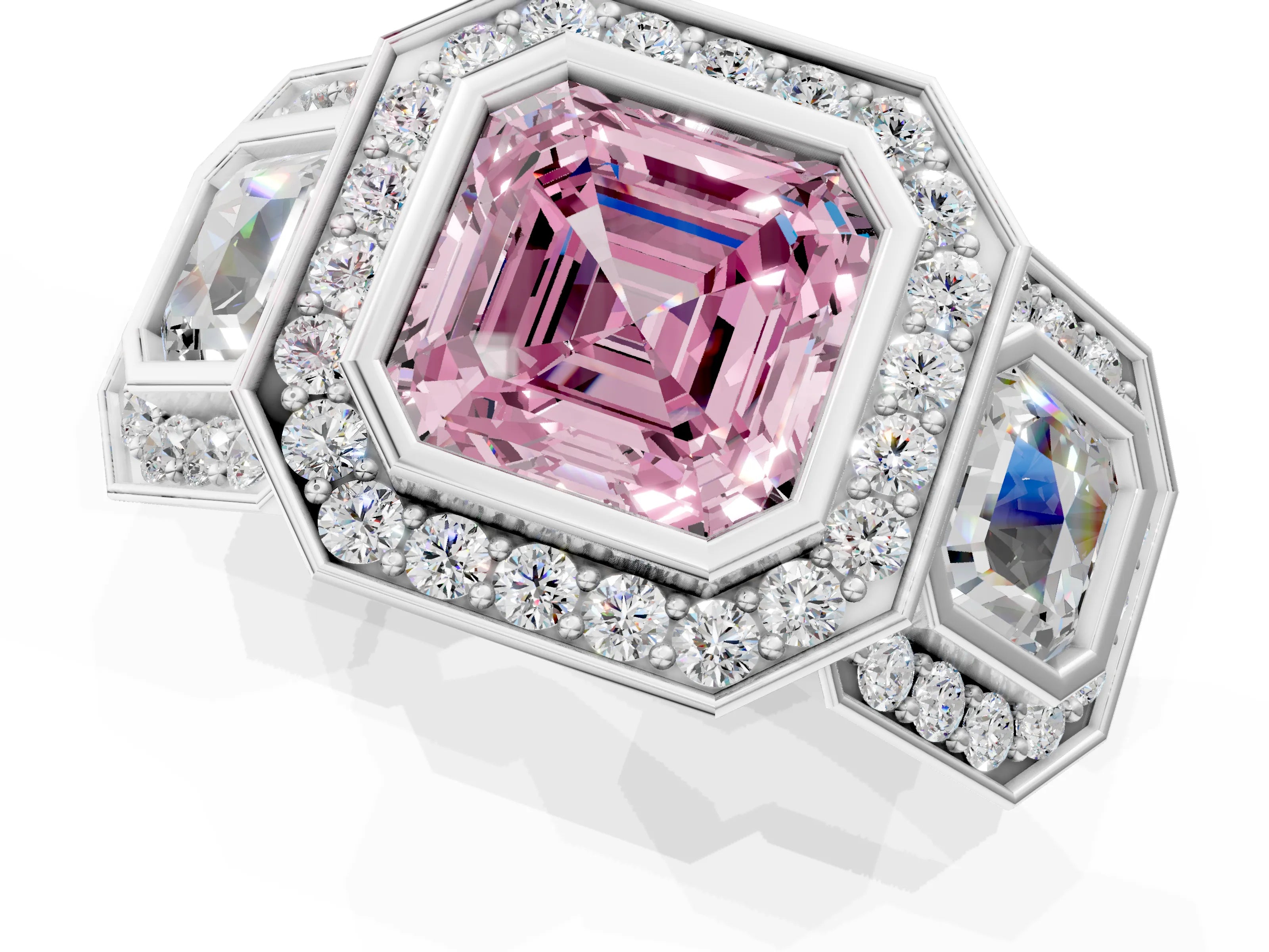 White gold Three-Stone Fancy Pink Asscher Cut Halo Pavé Diamond Ring_1