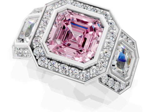 White gold Three-Stone Fancy Pink Asscher Cut Halo Pavé Diamond Ring_1