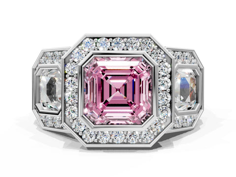 White gold Three-Stone Fancy Pink Asscher Cut Halo Pavé Diamond Ring