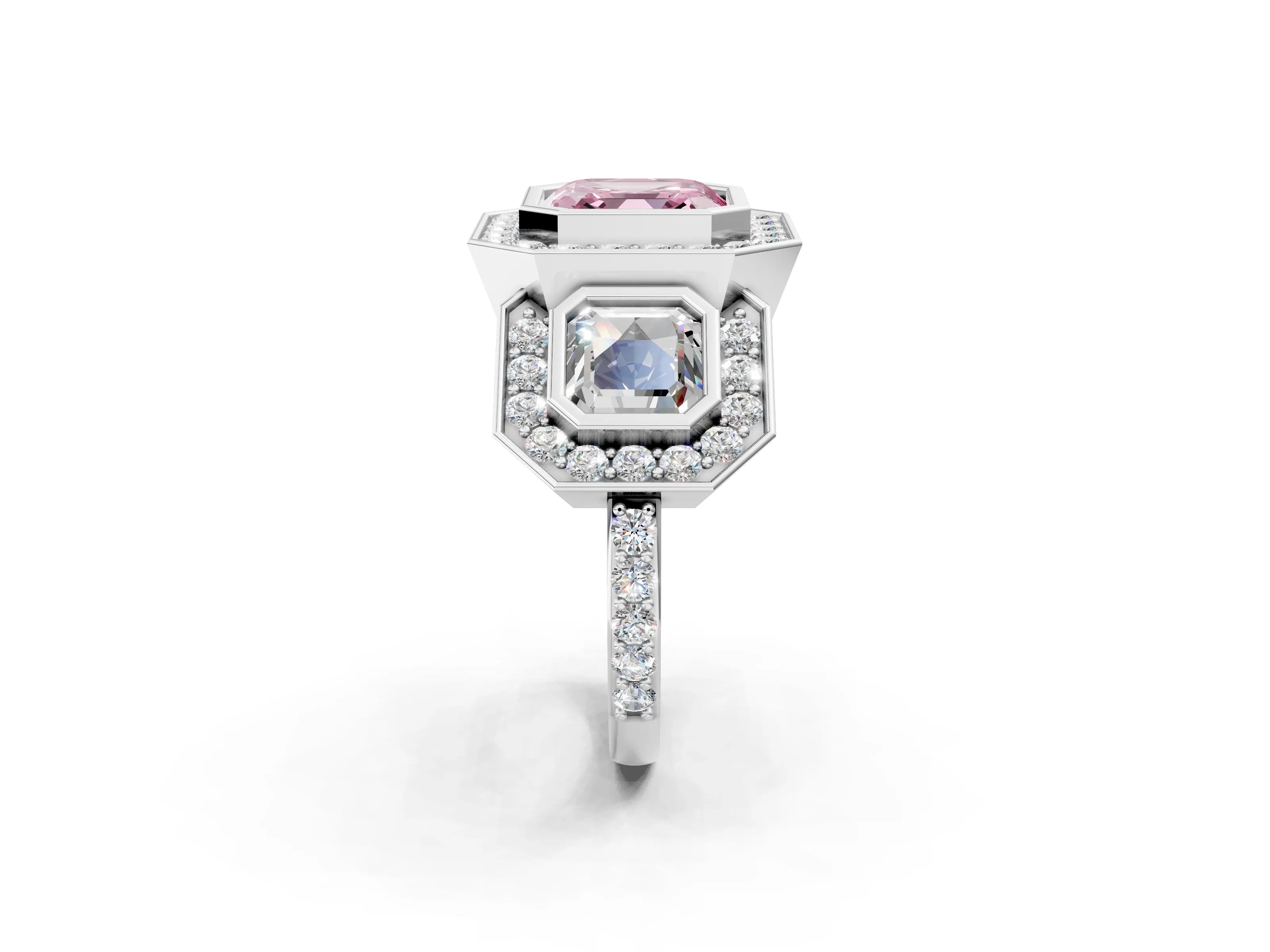 White gold Three-Stone Fancy Pink Asscher Cut Halo Pavé Diamond Ring_2