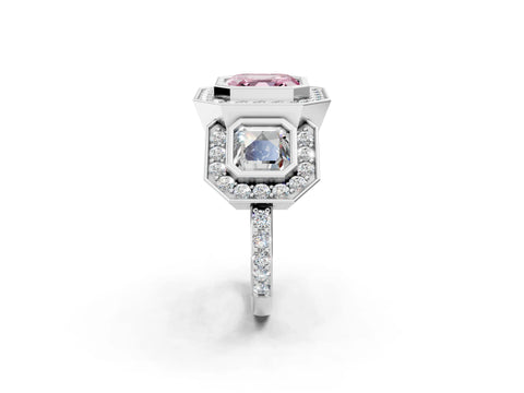 White gold Three-Stone Fancy Pink Asscher Cut Halo Pavé Diamond Ring_2
