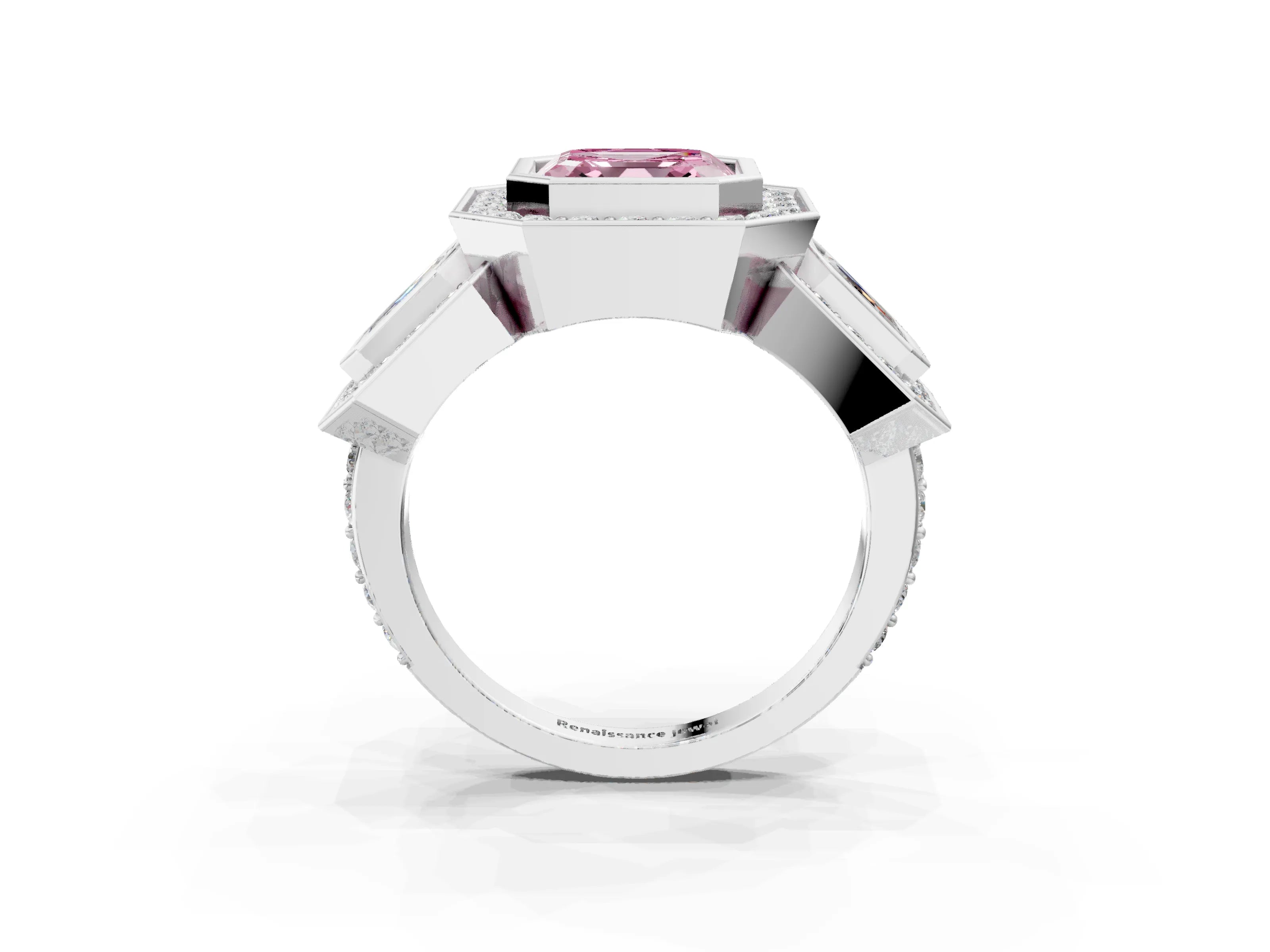 White gold Three-Stone Fancy Pink Asscher Cut Halo Pavé Diamond Ring_3