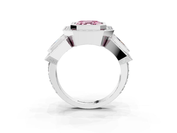 Platinum Asscher Cut Bezel Three Stone Halo Engagement Ring Setting for Fancy Pink Center