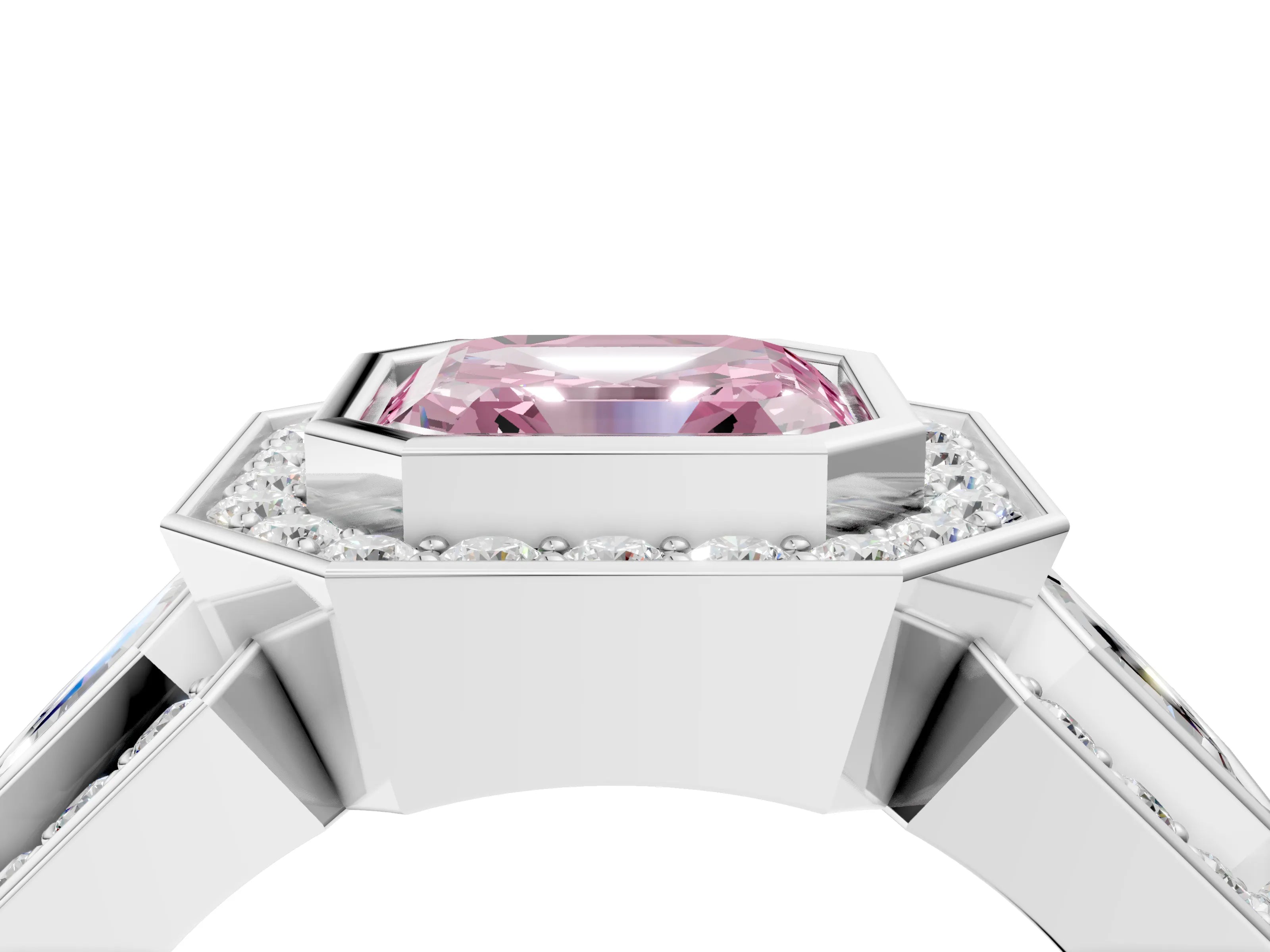 White gold Three-Stone Fancy Pink Asscher Cut Halo Pavé Diamond Ring_4