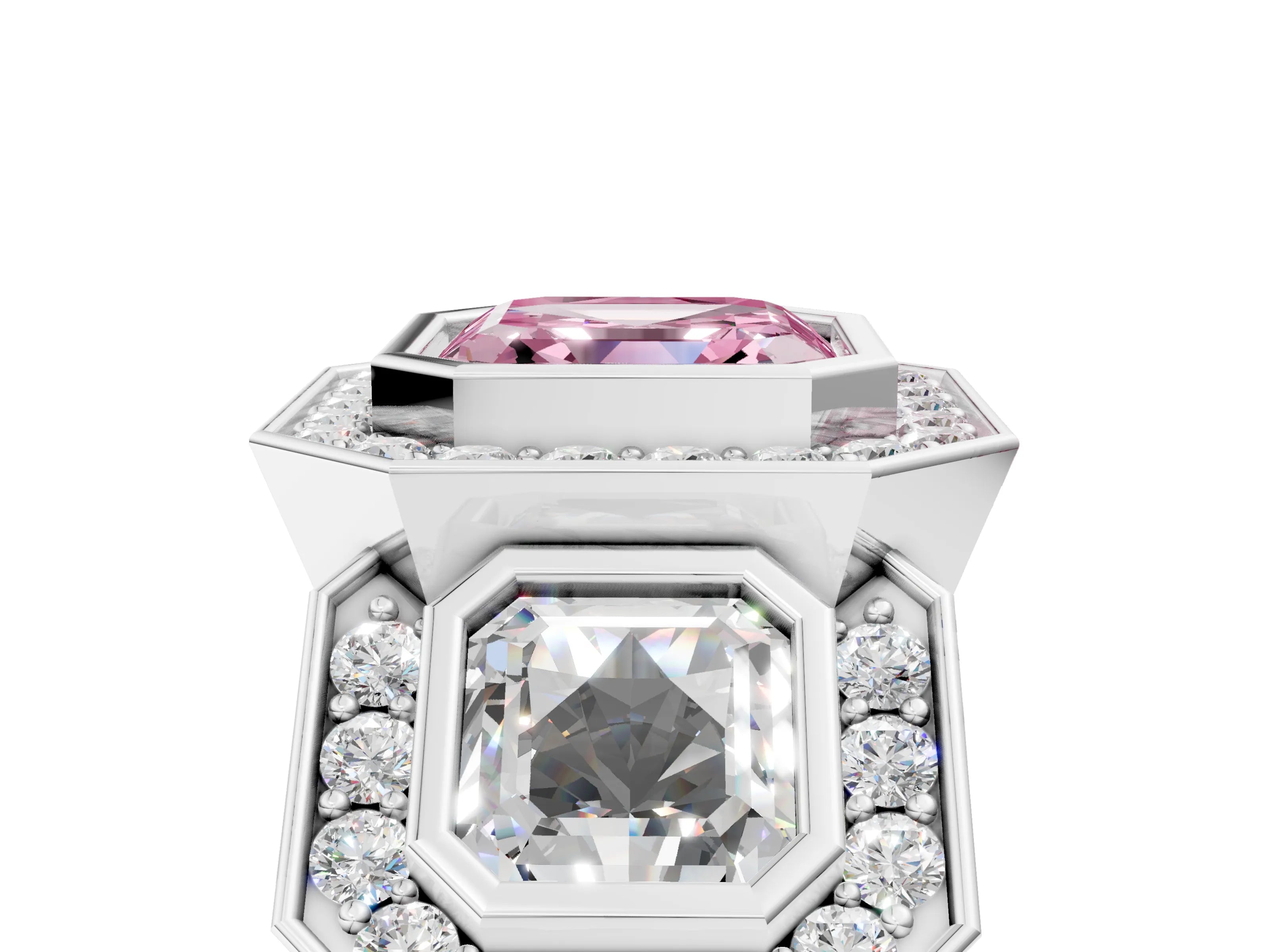 White gold Three-Stone Fancy Pink Asscher Cut Halo Pavé Diamond Ring_5