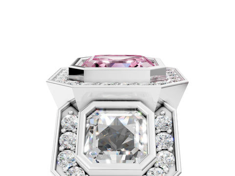 White gold Three-Stone Fancy Pink Asscher Cut Halo Pavé Diamond Ring_5