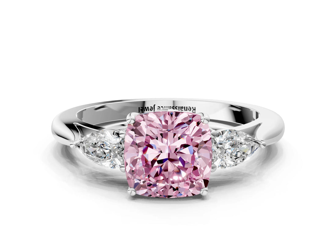 White gold Three-Stone Fancy Pink Cushion Cut Brilliant Diamond Solitaire Ring with Tapered Band and Four-Prong Setting_31