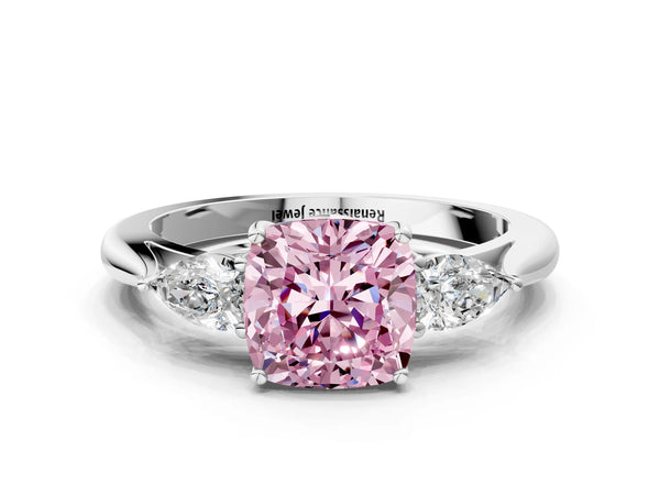 White gold Three-Stone Fancy Pink Cushion Cut Brilliant Diamond Solitaire Ring with Tapered Band and Four-Prong Setting