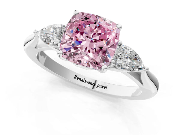 White gold Three-Stone Fancy Pink Cushion Cut Brilliant Diamond Solitaire Ring with Tapered Band and Four-Prong Setting