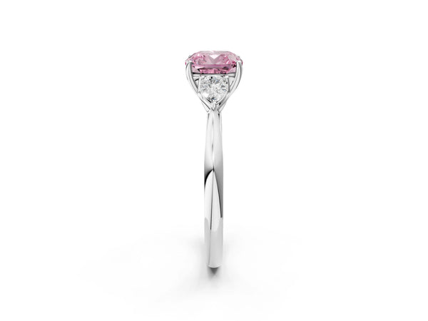 White gold Three-Stone Fancy Pink Cushion Cut Brilliant Diamond Solitaire Ring with Tapered Band and Four-Prong Setting