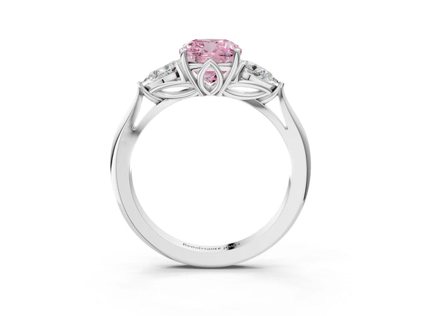 White gold Three-Stone Fancy Pink Cushion Cut Brilliant Diamond Solitaire Ring with Tapered Band and Four-Prong Setting