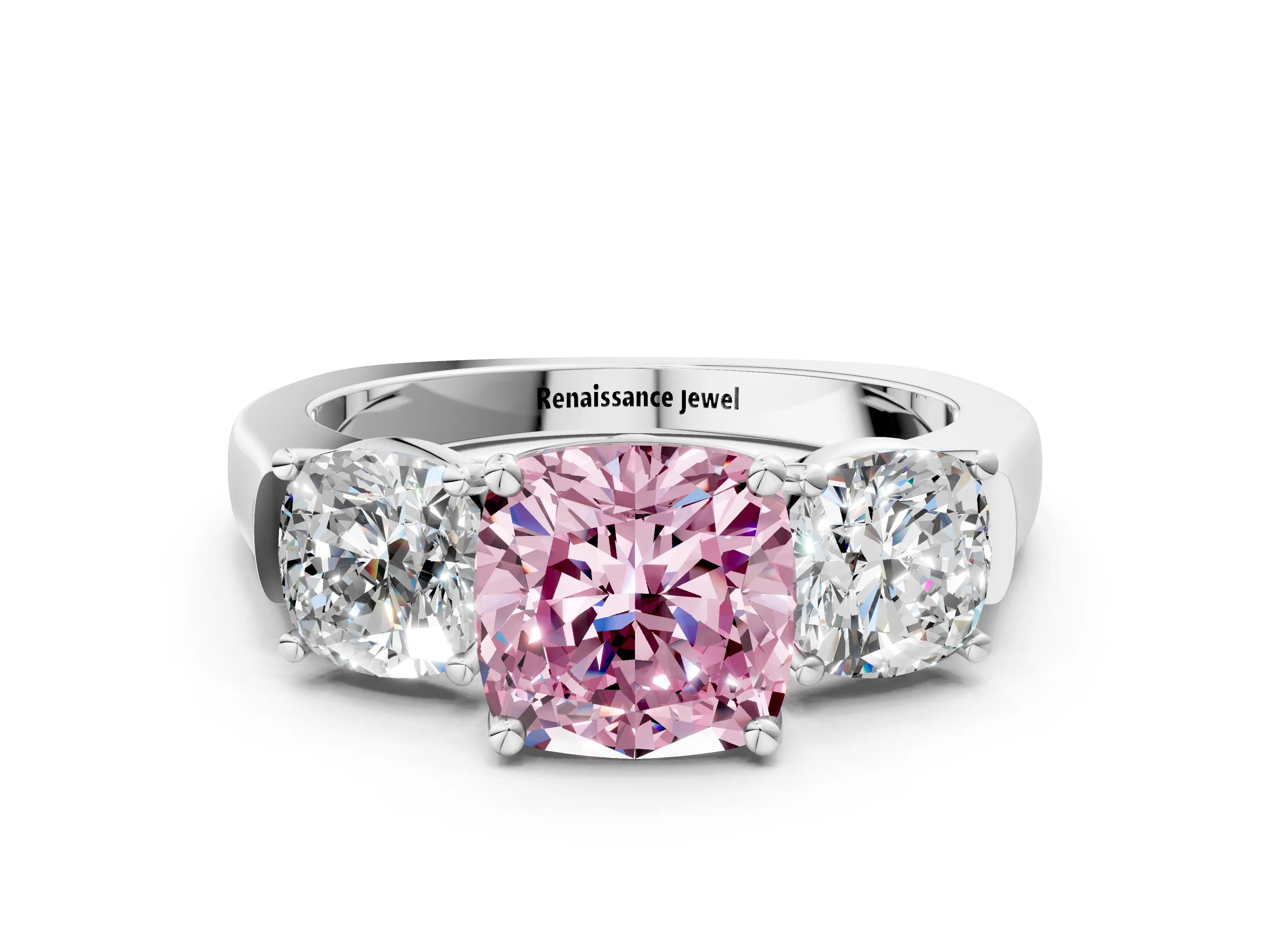 White gold Three-Stone Fancy Pink Cushion Cut Brilliant Diamond Trellis Ring with Comfort Fit Band_12
