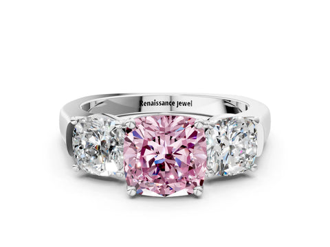 White gold Three-Stone Fancy Pink Cushion Cut Brilliant Diamond Trellis Ring with Comfort Fit Band_12