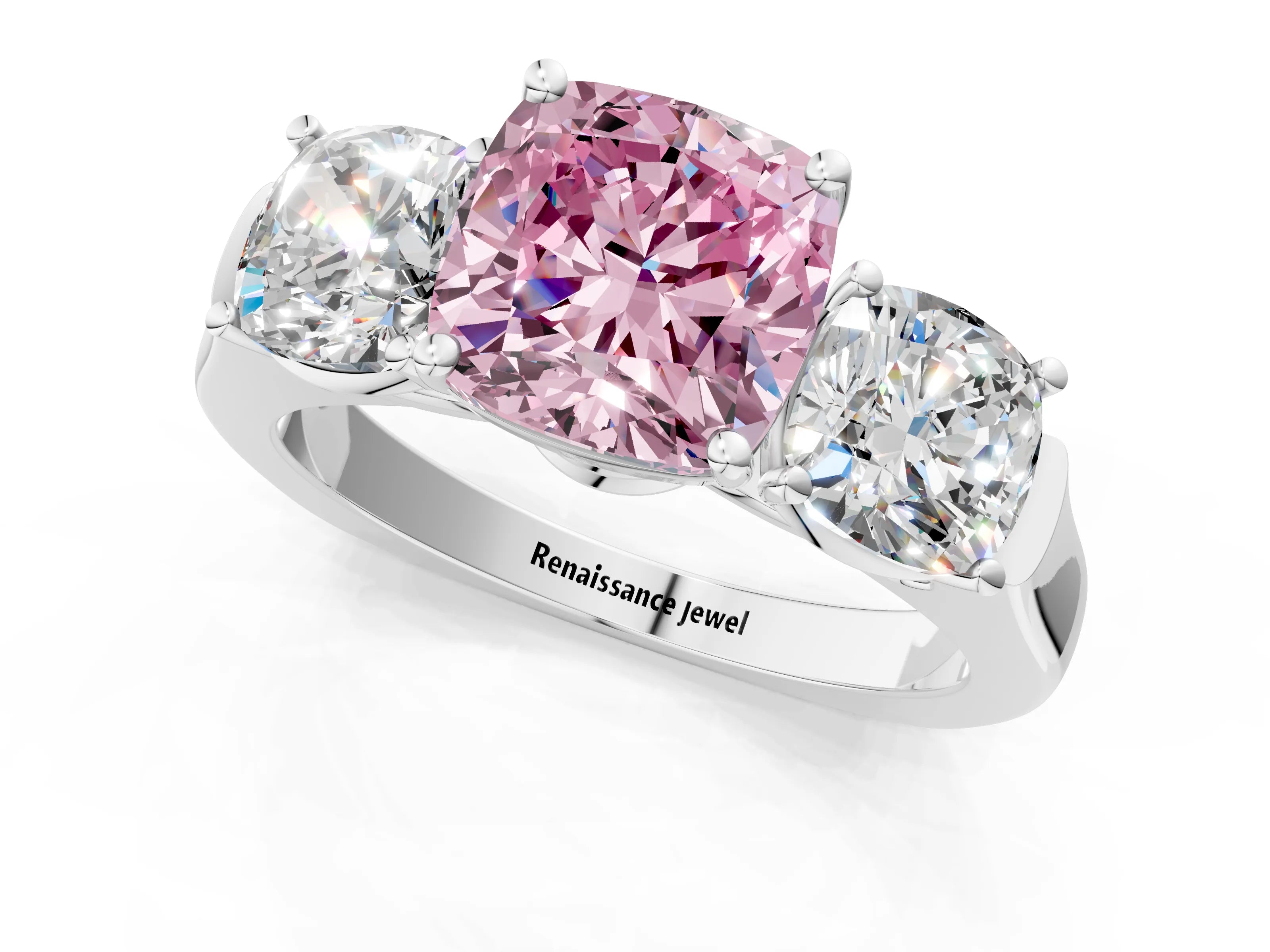 White gold Three-Stone Fancy Pink Cushion Cut Brilliant Diamond Trellis Ring with Comfort Fit Band_13