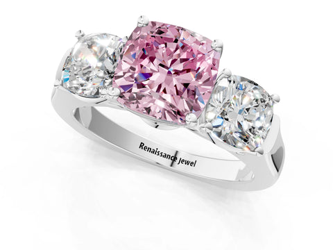 White gold Three-Stone Fancy Pink Cushion Cut Brilliant Diamond Trellis Ring with Comfort Fit Band_13