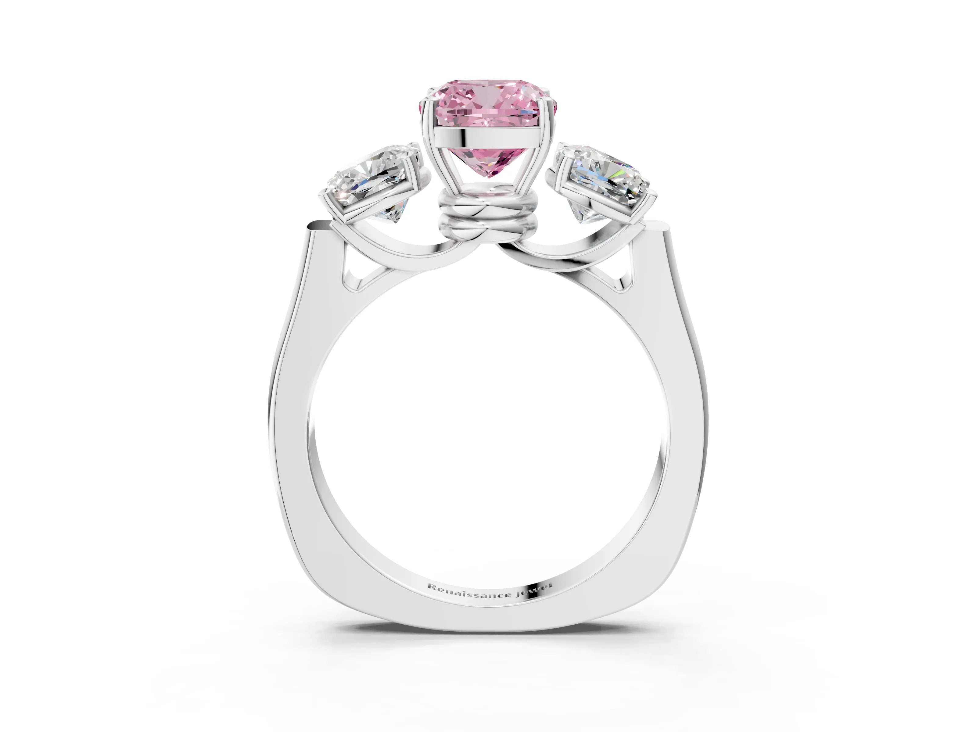 White gold Three-Stone Fancy Pink Cushion Cut Brilliant Diamond Trellis Ring with Comfort Fit Band_15