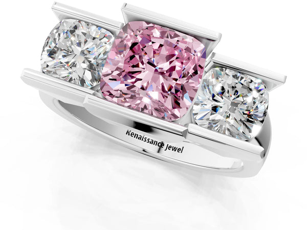 Platinum Cushion Cut Channel Set Three Stone Engagement Ring Setting for Fancy Pink Center
