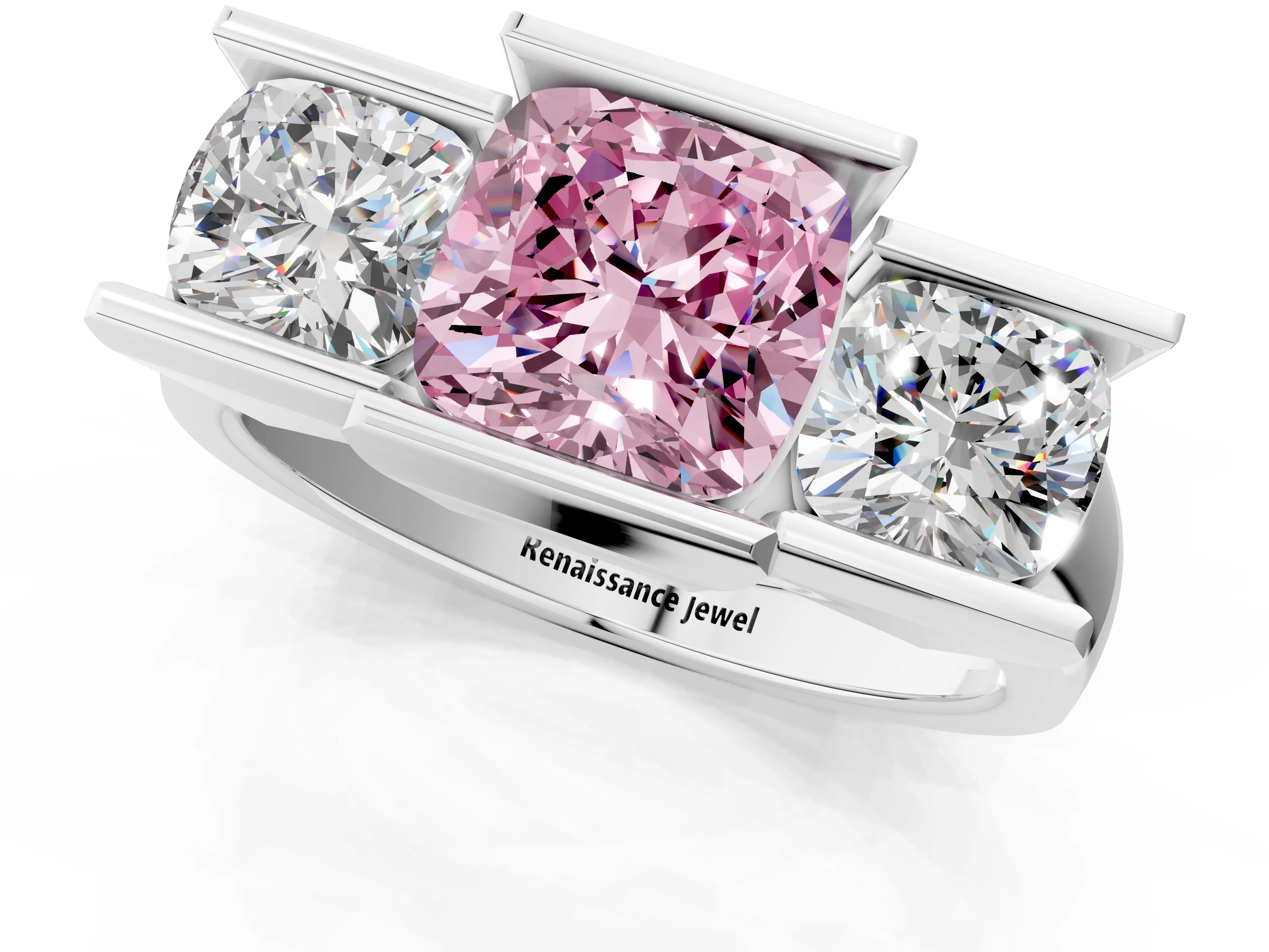 White gold Three Stone Fancy Pink Cushion Cut Cut Channel Set Diamond Ring_37