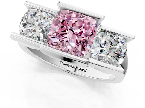 White gold Three Stone Fancy Pink Cushion Cut Cut Channel Set Diamond Ring_37