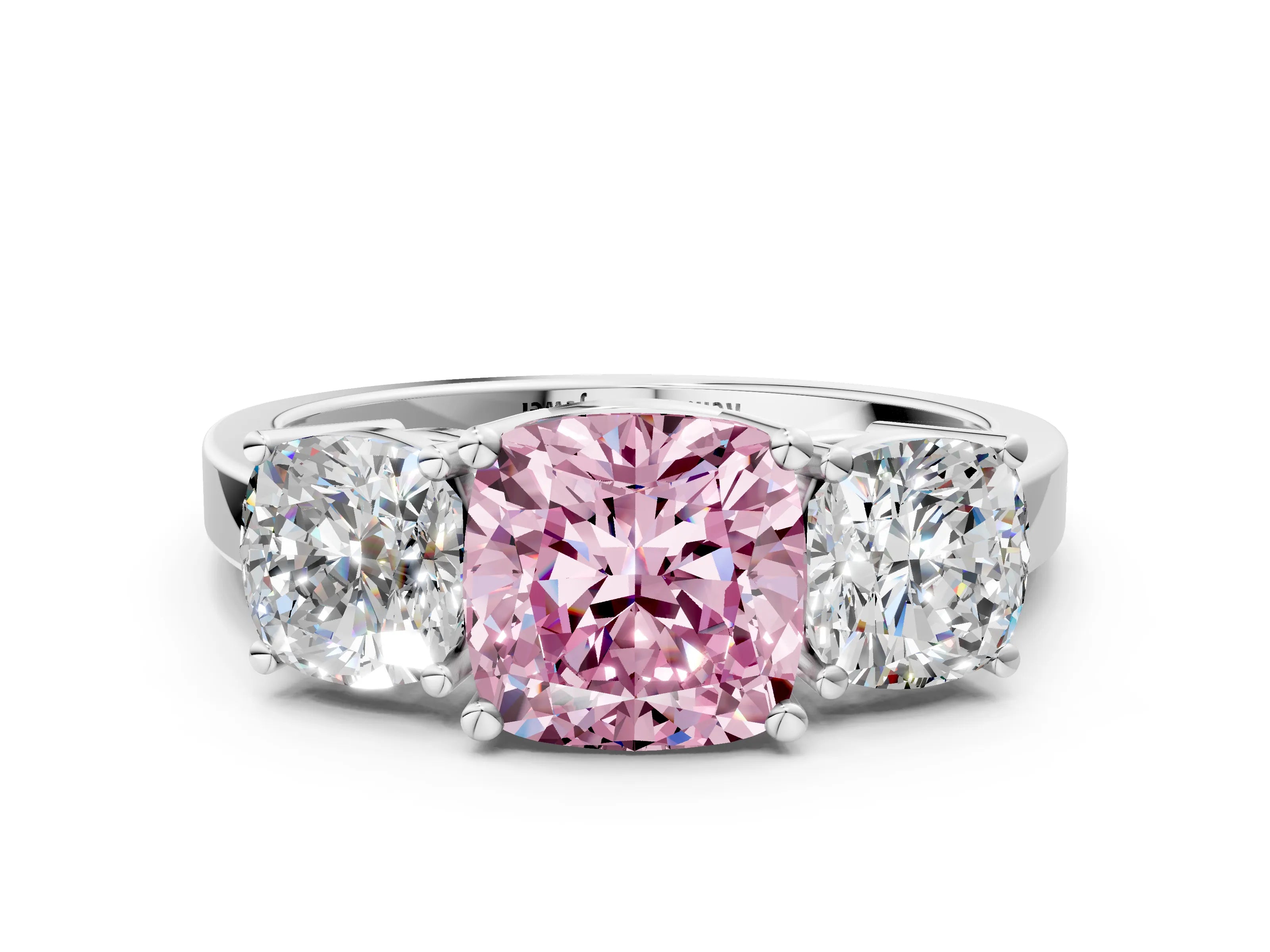 White gold Three-Stone Fancy Pink Cushion Cut Cut Diamond Engagement Ring with Flat Band and Four-Prong Setting