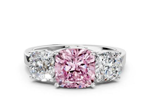 White gold Three-Stone Fancy Pink Cushion Cut Cut Diamond Engagement Ring with Flat Band and Four-Prong Setting