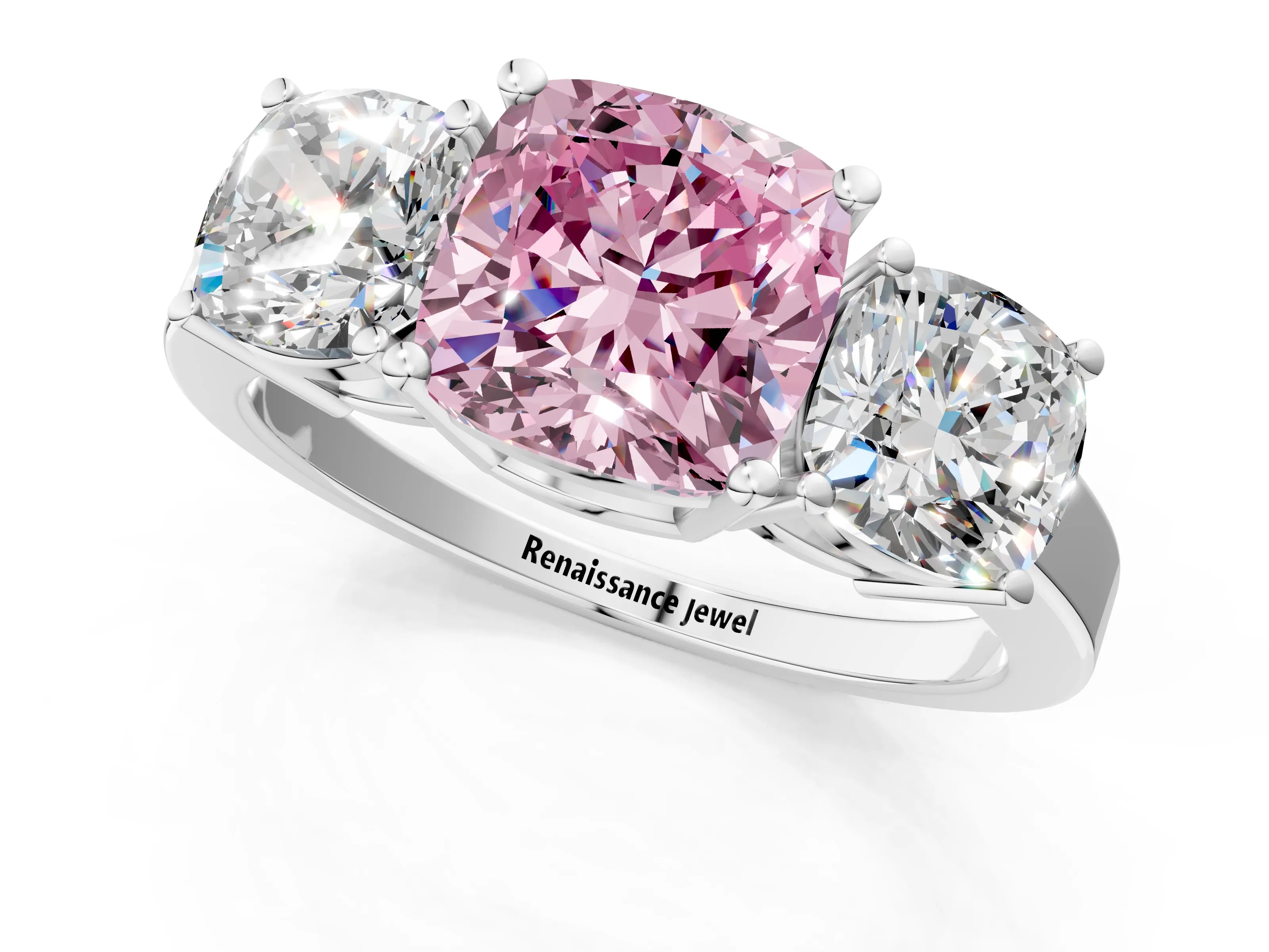 White gold Three-Stone Fancy Pink Cushion Cut Cut Diamond Engagement Ring with Flat Band and Four-Prong Setting_1
