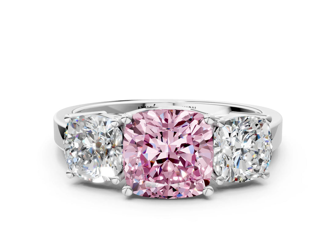 White gold Three-Stone Fancy Pink Cushion Cut Cut Diamond Engagement Ring with Flat Band and Four-Prong Setting_12