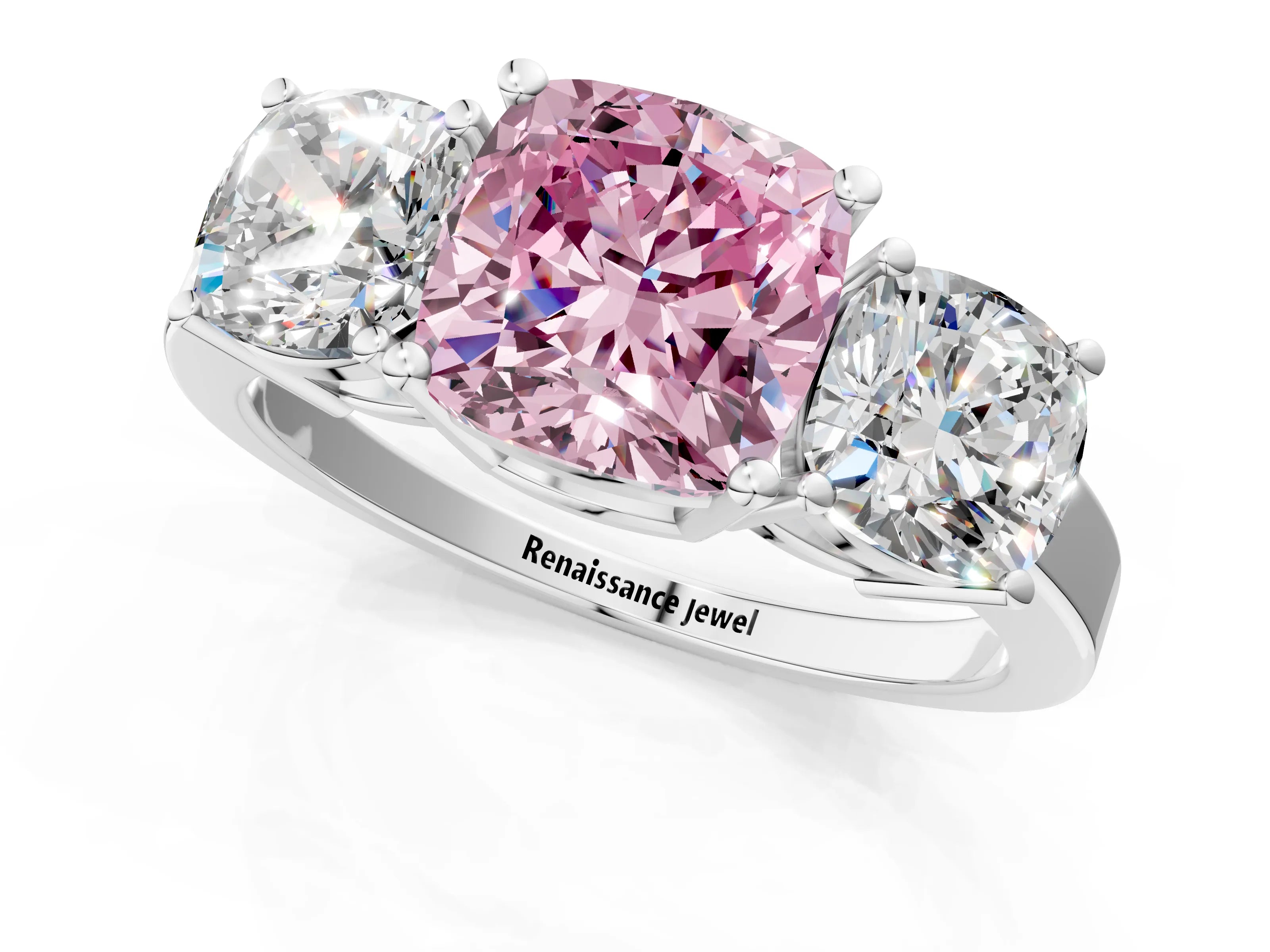 White gold Three-Stone Fancy Pink Cushion Cut Cut Diamond Engagement Ring with Flat Band and Four-Prong Setting_13