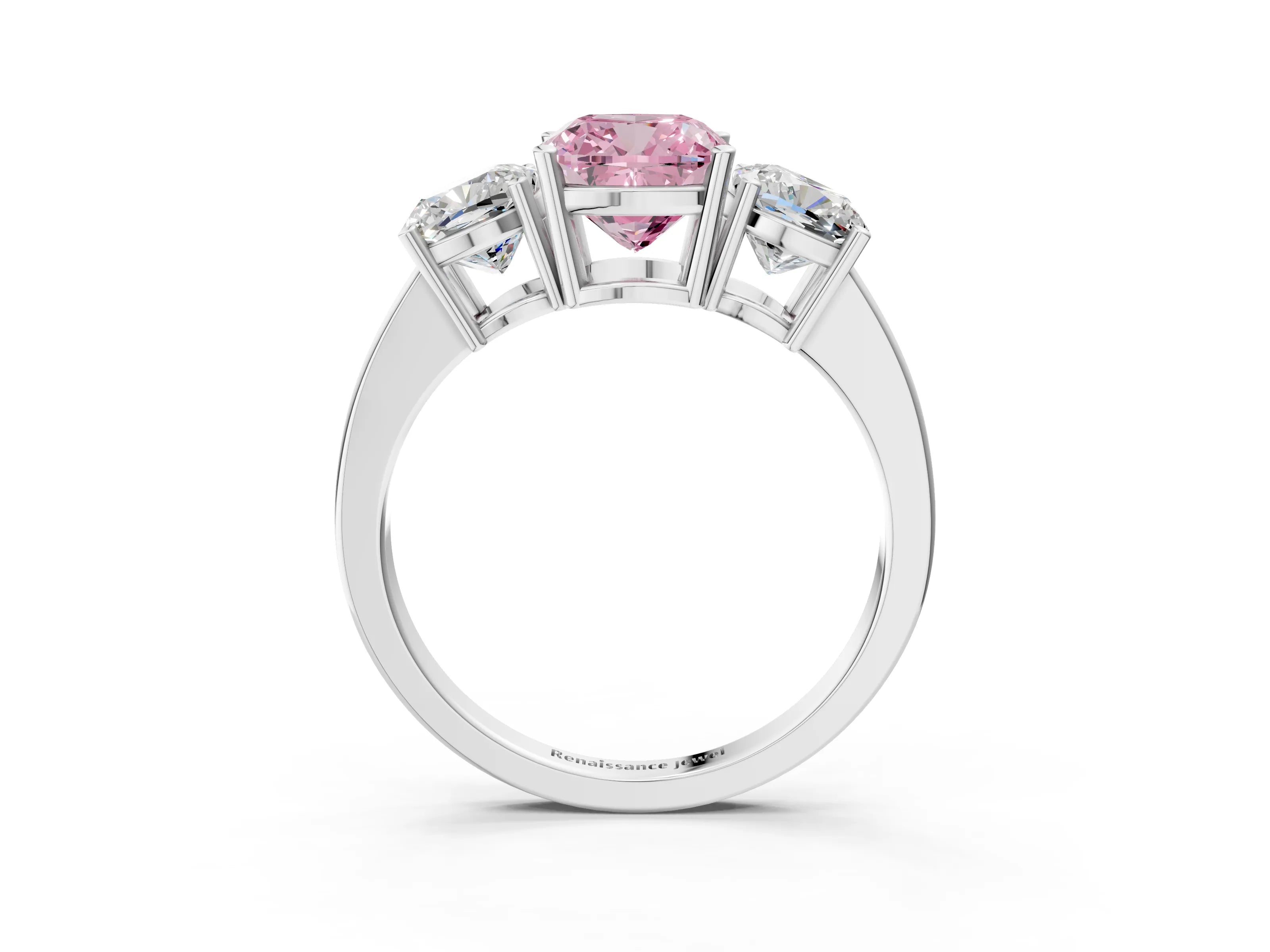 White gold Three-Stone Fancy Pink Cushion Cut Cut Diamond Engagement Ring with Flat Band and Four-Prong Setting_3