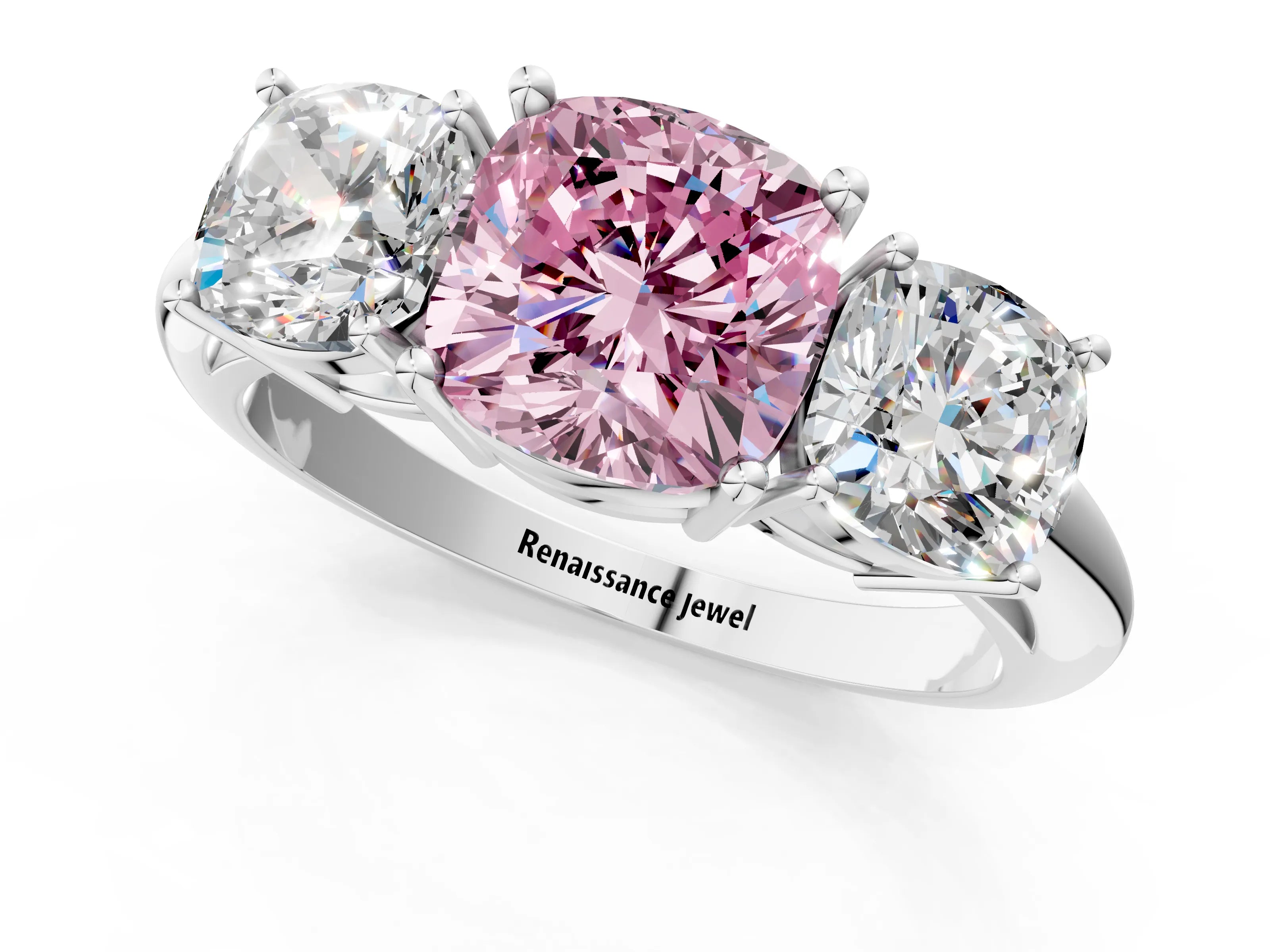 White gold Three-Stone Fancy Pink Cushion Cut Cut Diamond Engagement Ring with Prong Setting on a White Gold Band_13