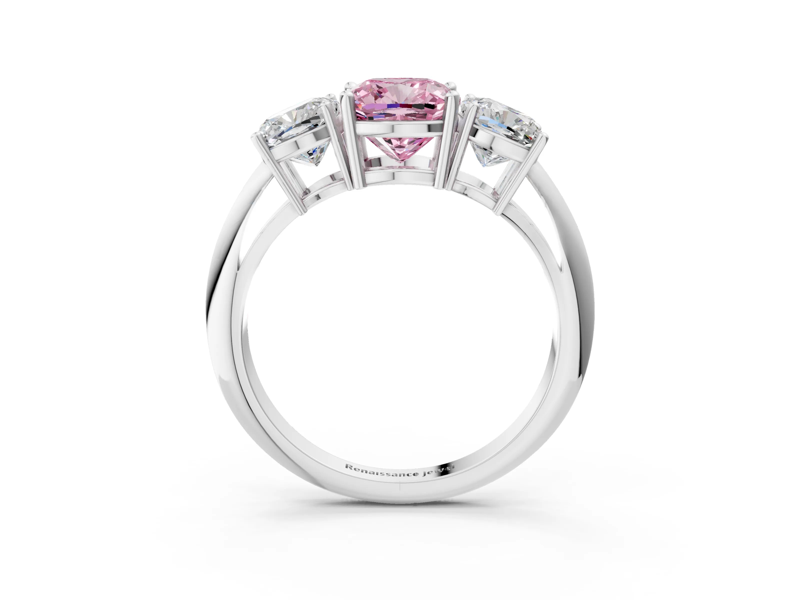 White gold Three-Stone Fancy Pink Cushion Cut Cut Diamond Engagement Ring with Prong Setting on a White Gold Band_15