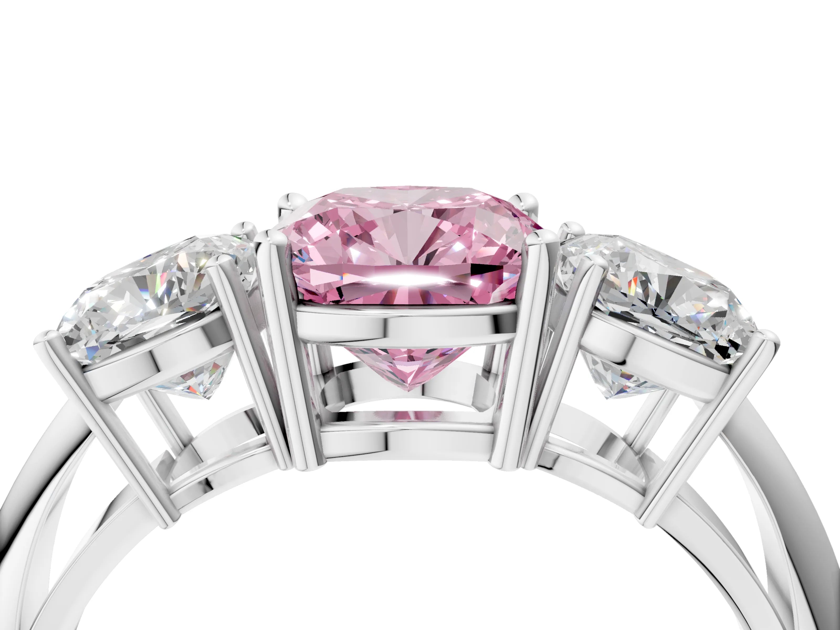 White gold Three-Stone Fancy Pink Cushion Cut Cut Diamond Engagement Ring with Prong Setting on a White Gold Band_16