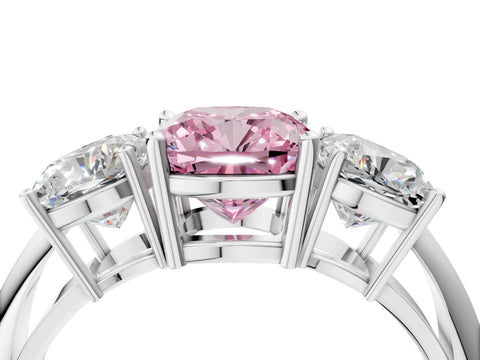 White gold Three-Stone Fancy Pink Cushion Cut Cut Diamond Engagement Ring with Prong Setting on a White Gold Band_16