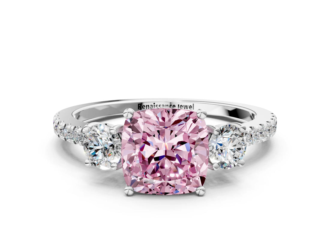 White gold Three-Stone Fancy Pink Cushion Cut Cut Diamond Pavé Band with Prong Setting_37