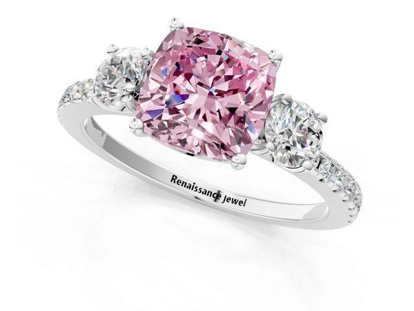 Platinum Three-Stone Fancy Pink Cushion Cut Cut Diamond Pavé Band with Prong Setting