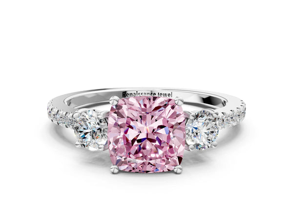 Platinum Three-Stone Fancy Pink Cushion Cut Cut Diamond Pavé Band with Prong Setting