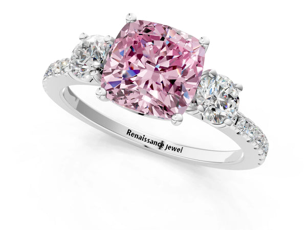 Platinum Three-Stone Fancy Pink Cushion Cut Cut Diamond Pavé Band with Prong Setting