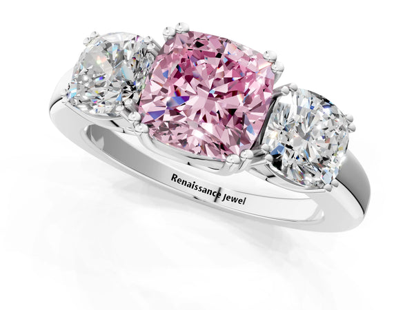 Platinum Three-Stone Fancy Pink Cushion Cut Cut Diamond Ring with Channel Set Band and Four-Prong Setting