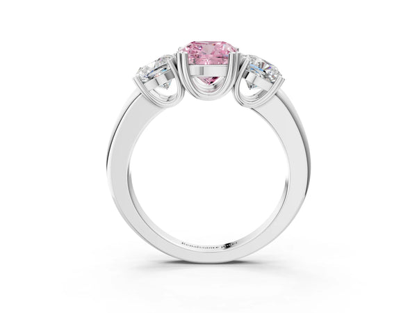 Platinum Three-Stone Fancy Pink Cushion Cut Cut Diamond Ring with Channel Set Band and Four-Prong Setting