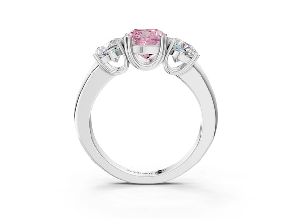 Platinum Three-Stone Fancy Pink Cushion Cut Cut Diamond Ring with Channel Set Band and Four-Prong Setting